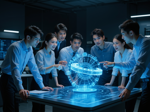 AI技术团队工作场景，显示多个技术人员在现代化办公室协作，科技公司工作环境，团队合作氛围