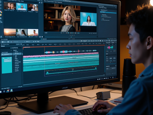 AI视频编辑工具界面，显示时间轴和智能剪辑功能，现代化媒体制作界面